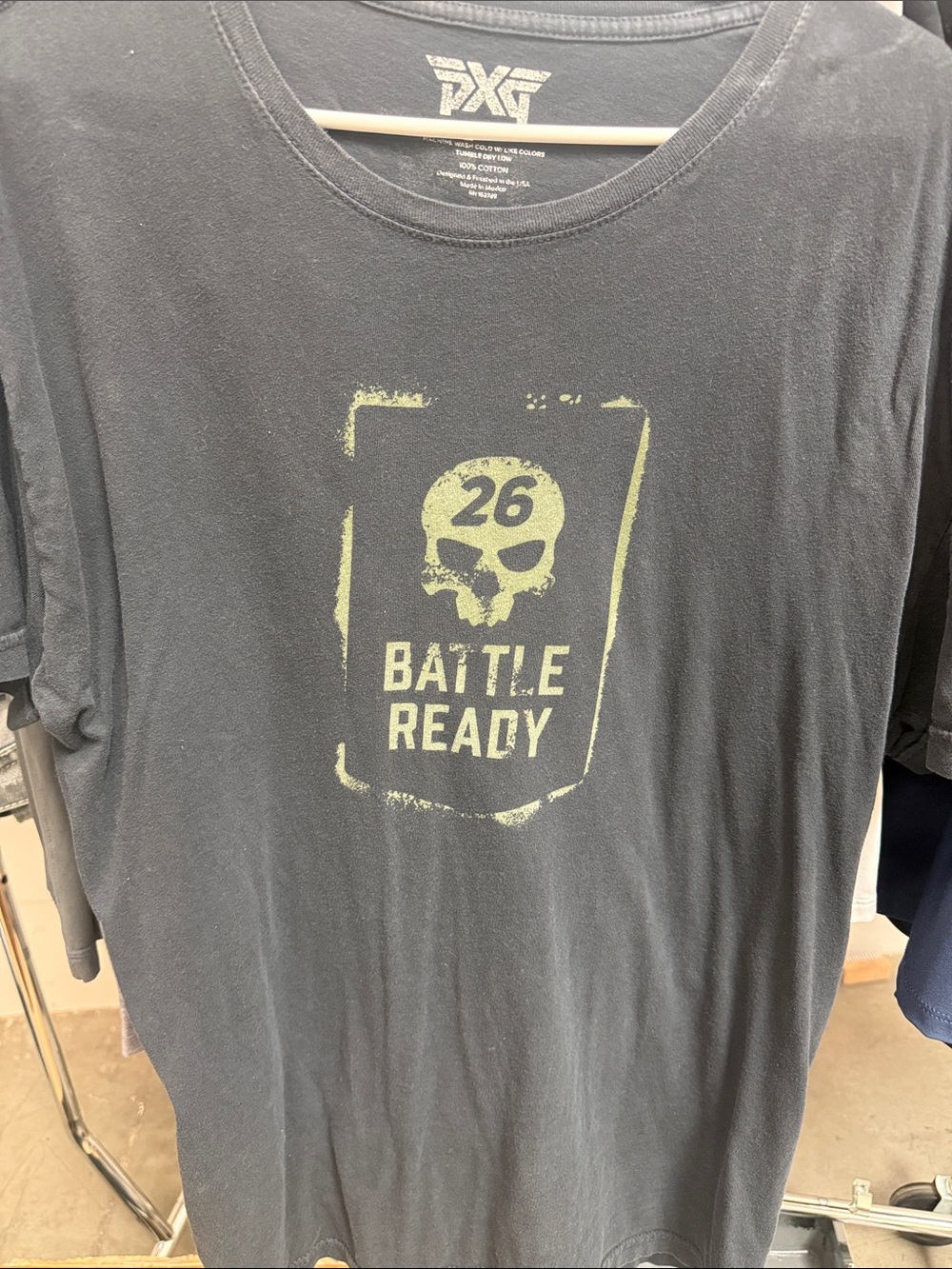 PXG Black Tee with Light Green 'Battle Ready' Skull Graphic